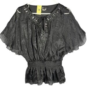 C.O.C. Blouse Womens 1XL Black Studded Peplum Metallic Shimmer TN-258